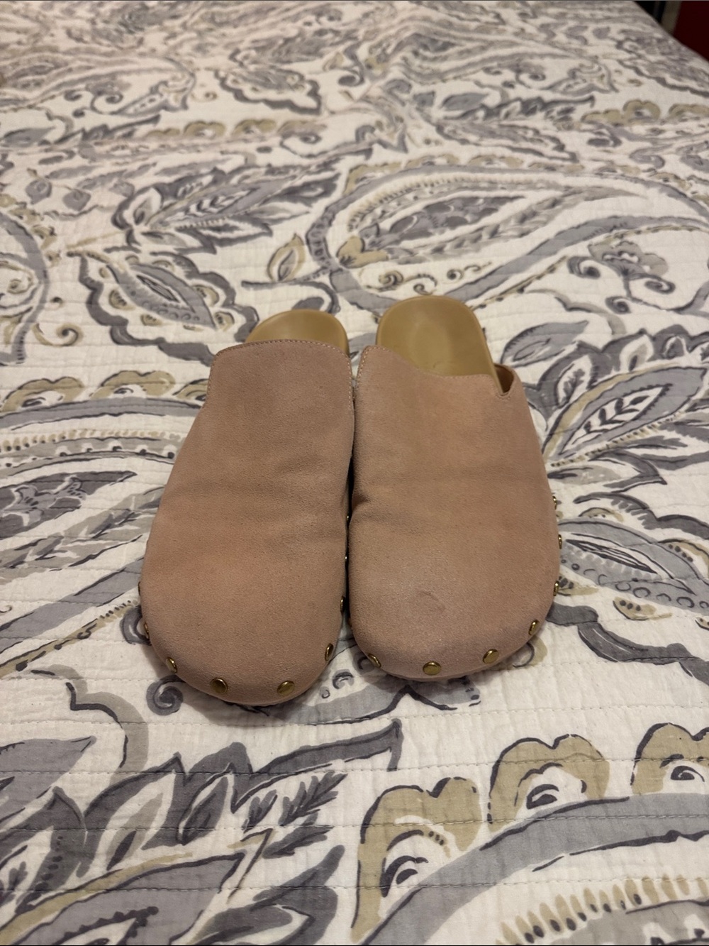 J. Crew Suede Studded Slip-On Mules in Taupe
